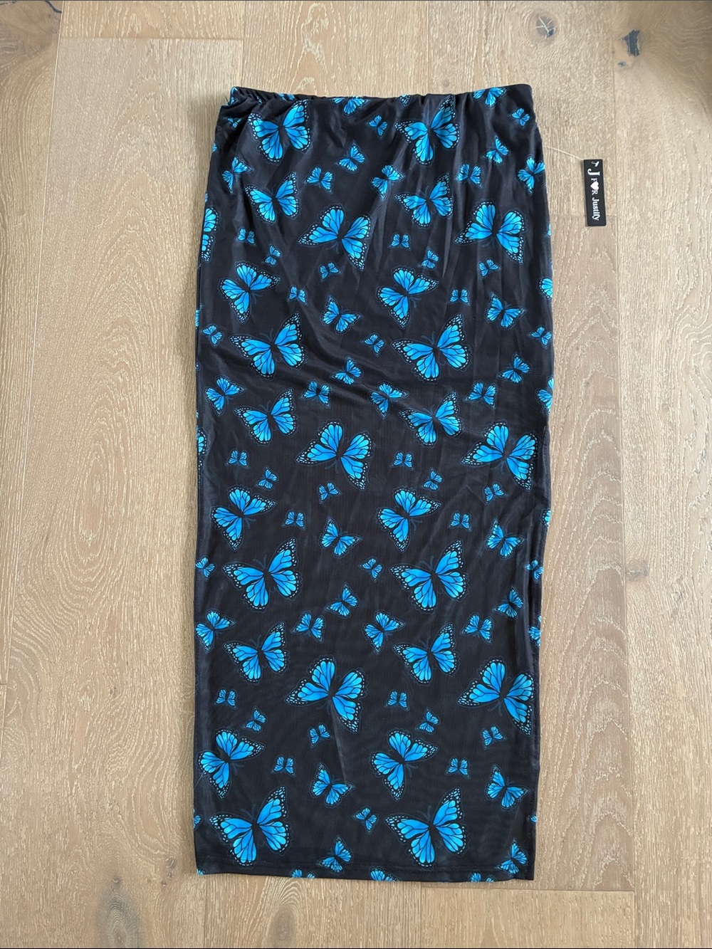 Justify Black Maxi Skirt with Blue Butterfly Print